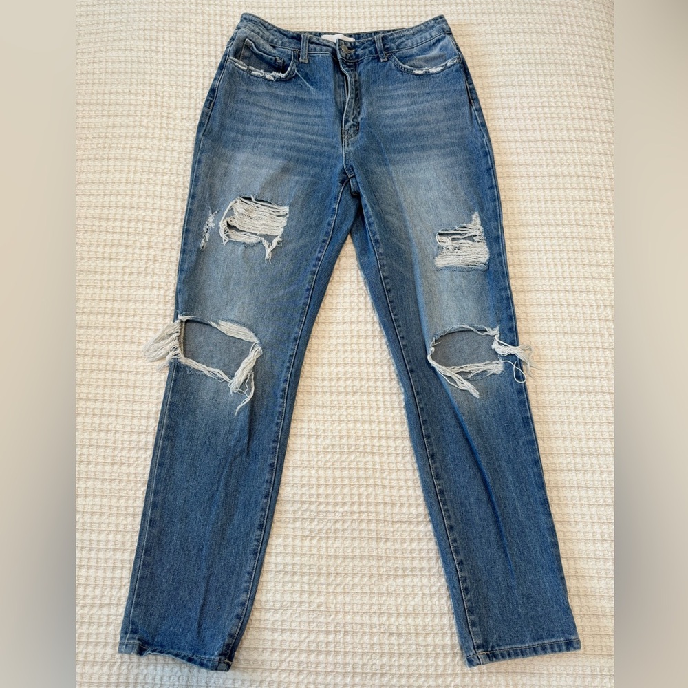 VERVET BY FLYING MONKEY Ripped Straight Leg Jeans in Blue